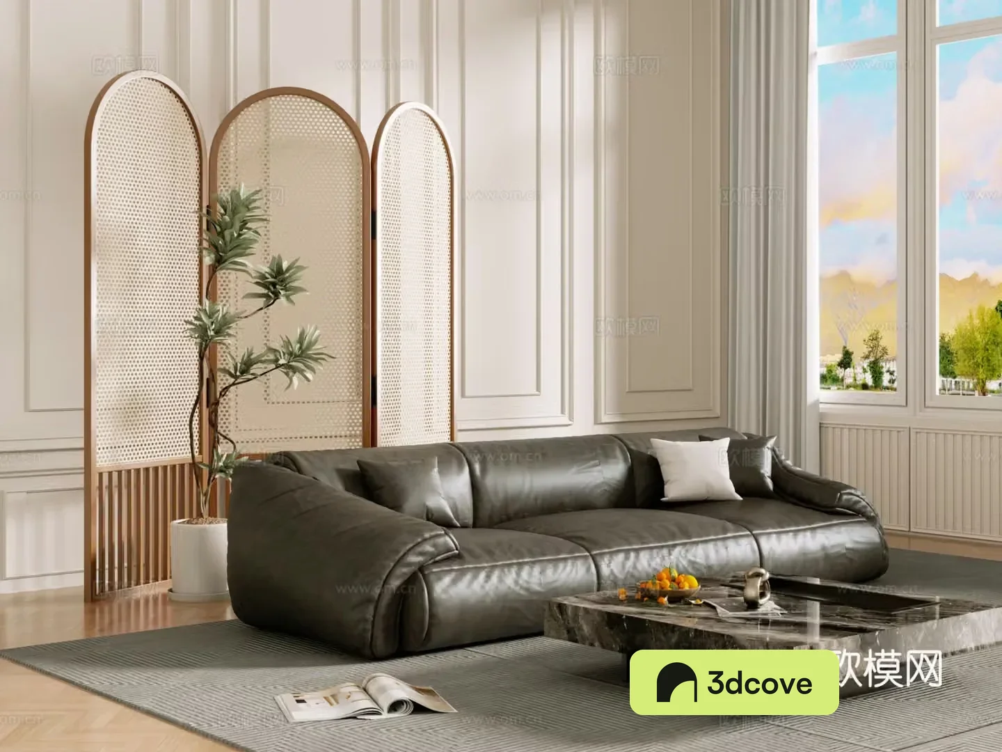 Middle-aged sofa combination coffee table carpet multi-person sofa 3D model