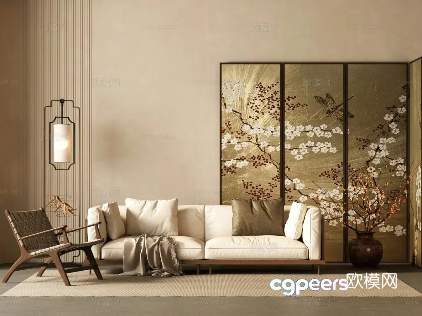 New Chinese living room sofa and coffee table combination folding screen leisure chair 3D model