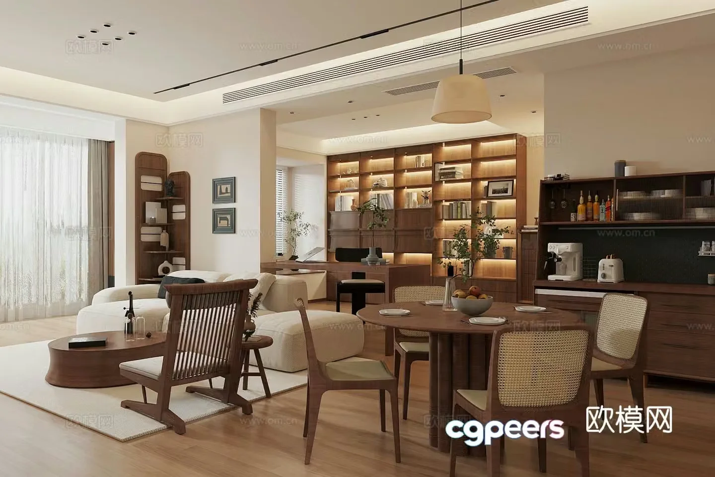 Middle style living room large flat floor living room sofa and coffee table combination middle style dining table and chair 3D model