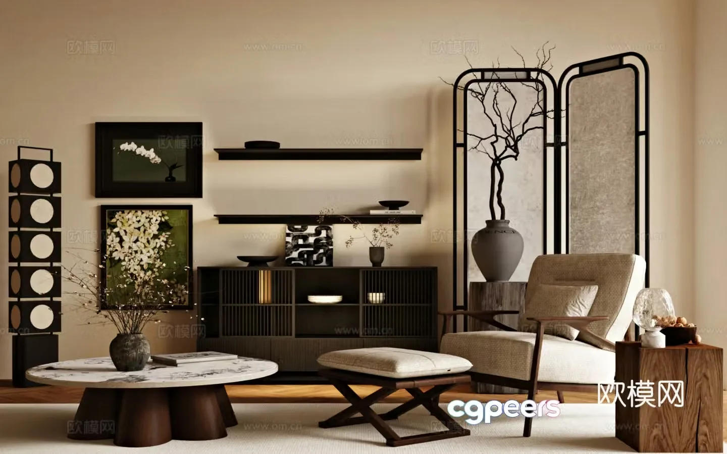Medium style leisure chair screen side cabinet coffee table 3D model