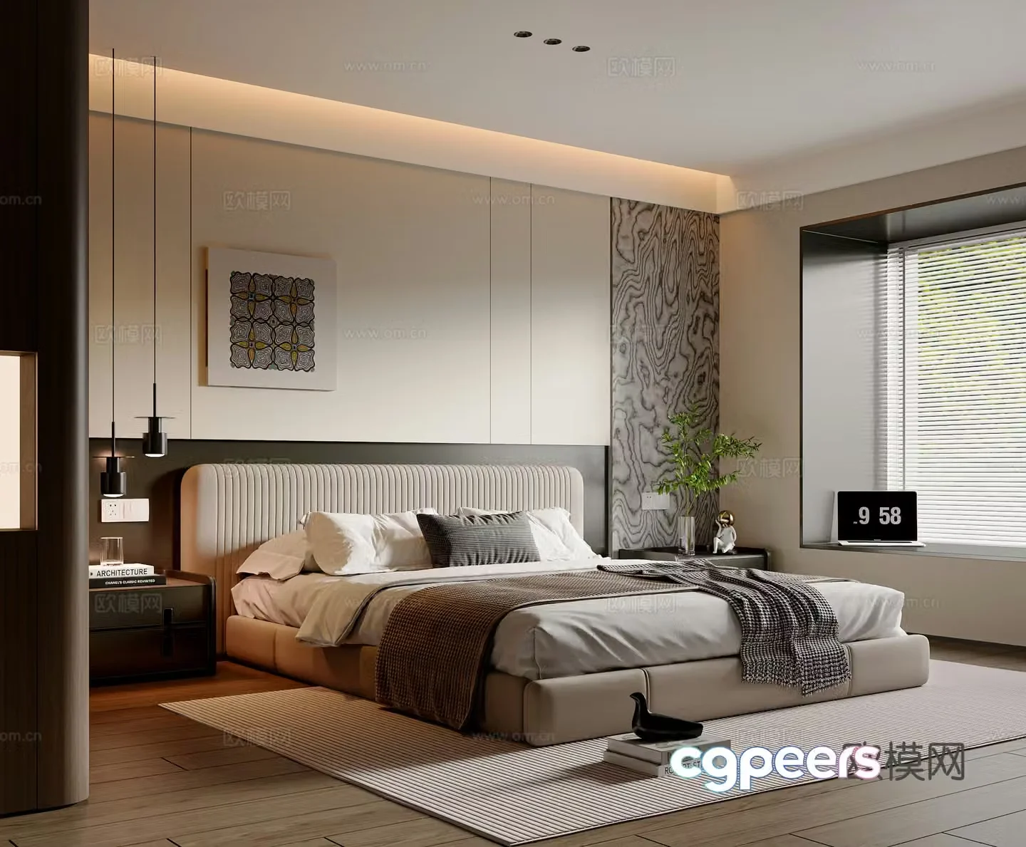 Modern simple bedroom double bed wardrobe desk lamp chandeliers master bedroom ornaments bedside table 3D model
