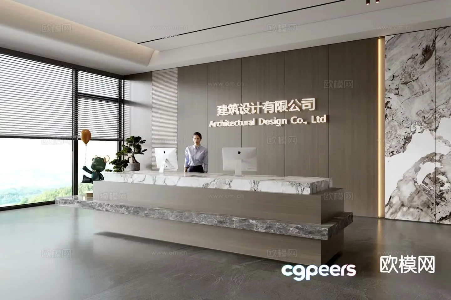 Modern company front desk reception desk corporate wall 3d model