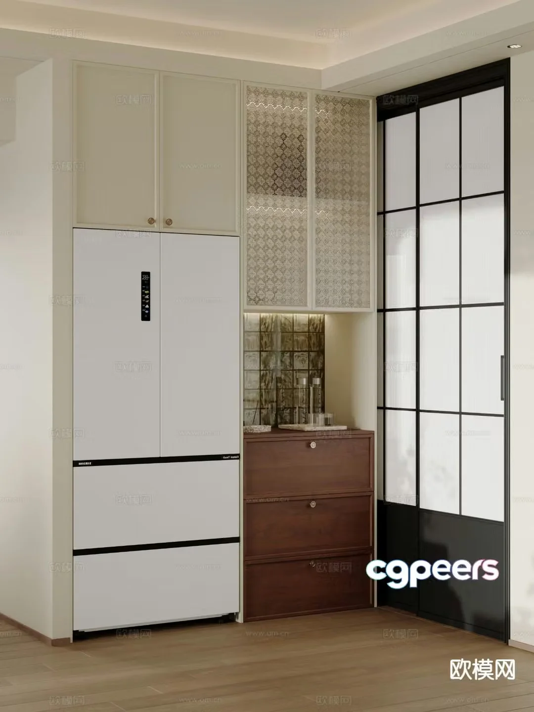 Medieval style sideboard refrigerator cabinet 3d model