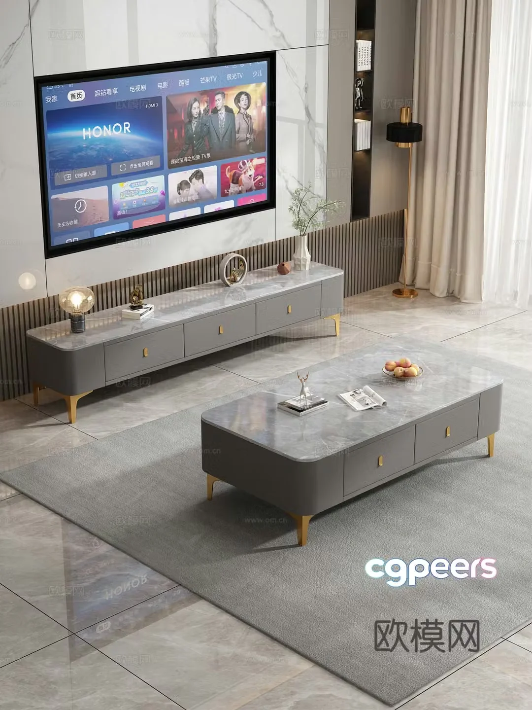Rock slab tea table TV cabinet ornament combination fruit vase TV background wall 3d model