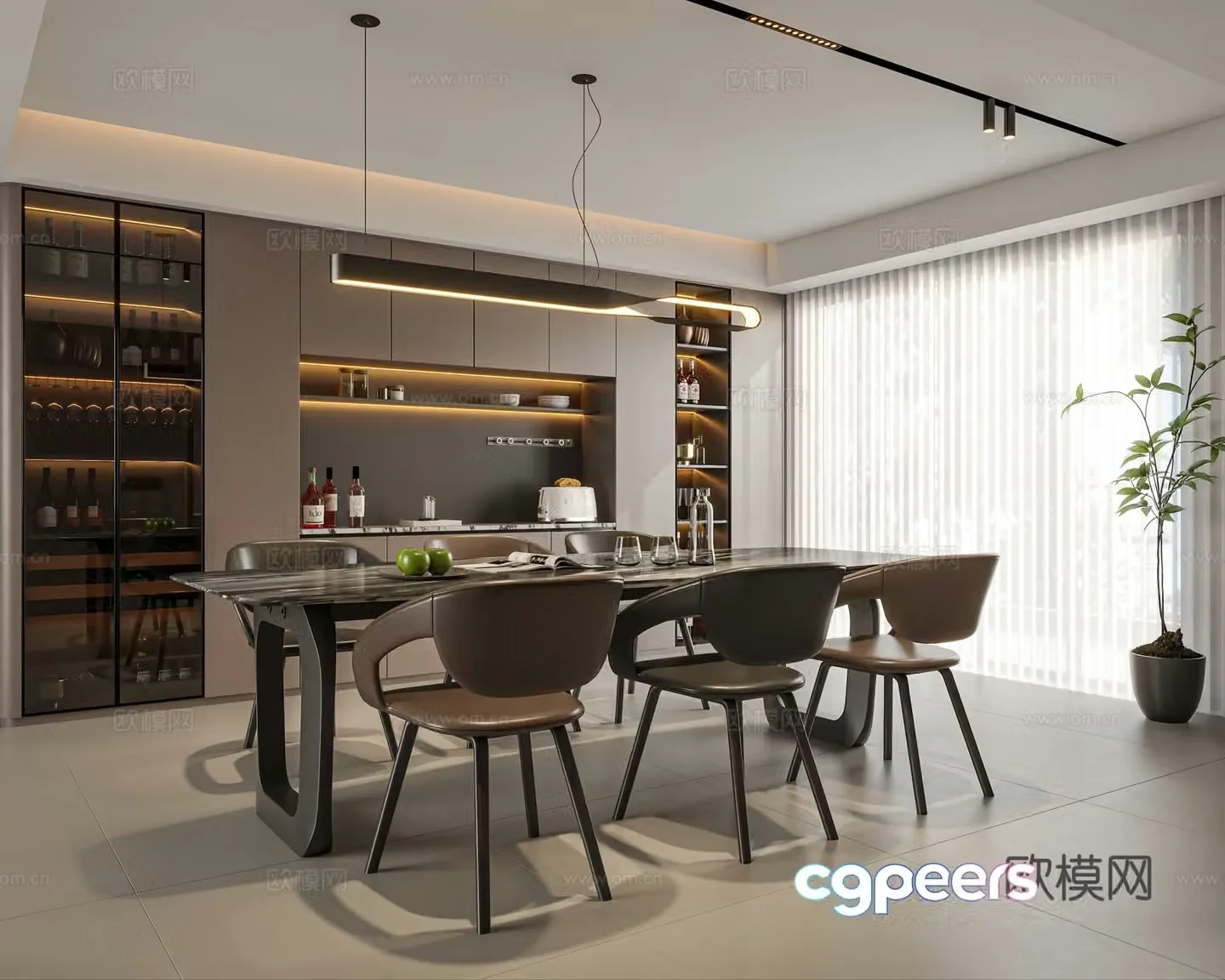 Modern Italian restaurant Dining table and chair Italian light luxury sideboard wine cabinet leather dining chair 3D model