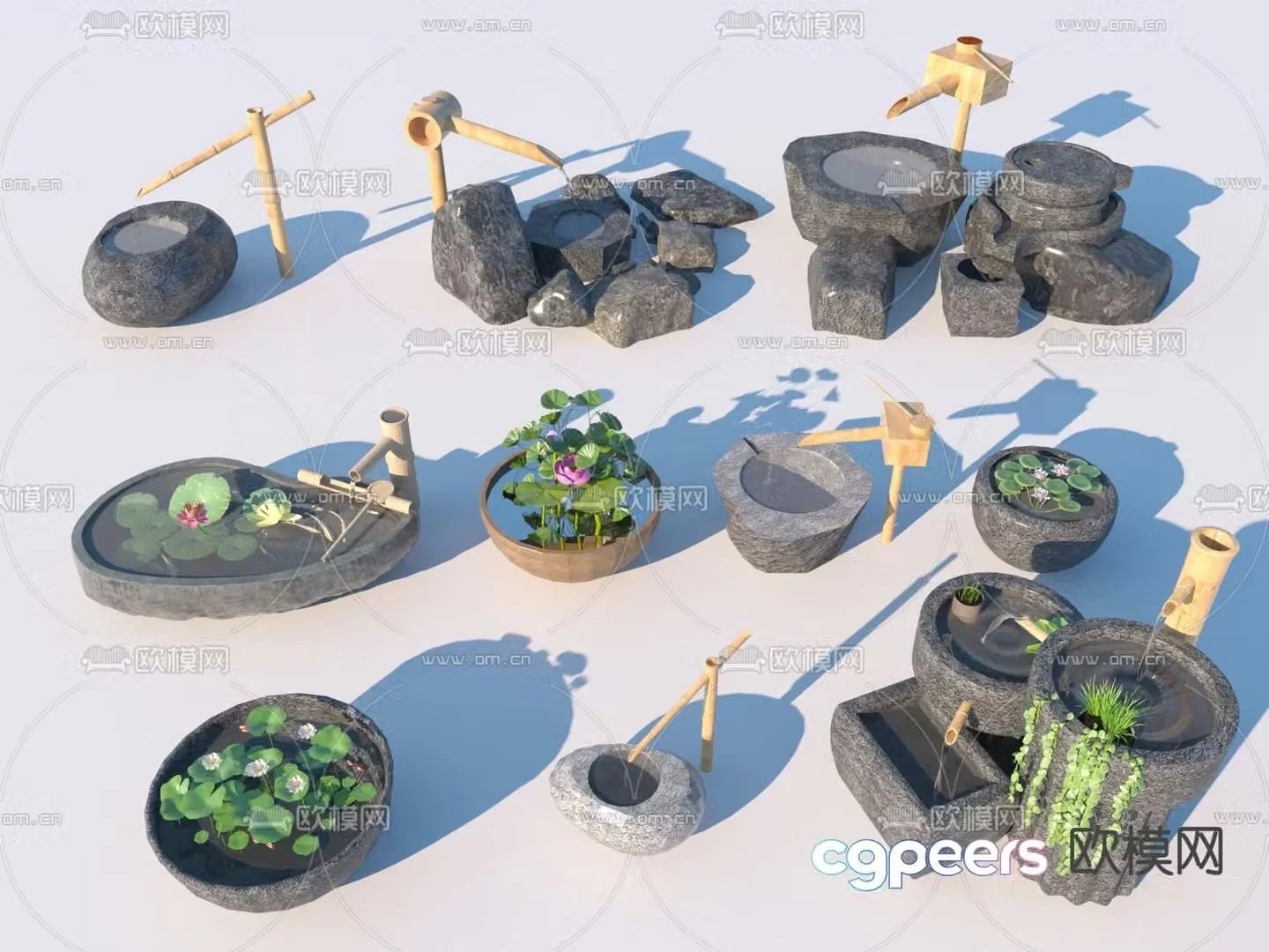 New Chinese style waterscape flowing water bowl frightened deer lotus pond 3D model