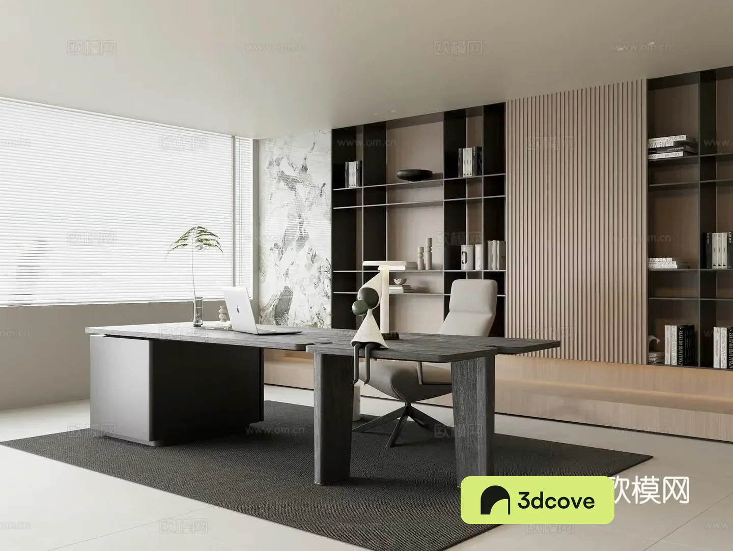 Modern study solid wood desk fabric leisure chair solid wood bookcase solid wood background decorative cabinet flat