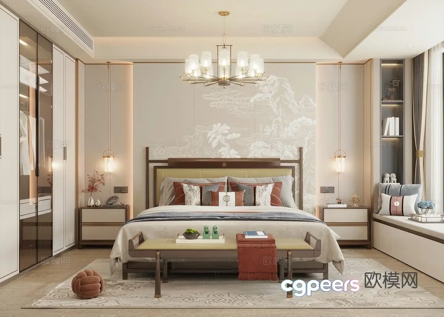 Song style new stroke bedroom bedside background wall double bed wardrobe bay window cabinet bedside table 3D model