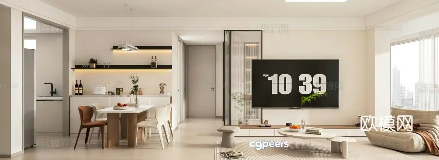 Modern living and dining room open kitchen study bookcase 3d model