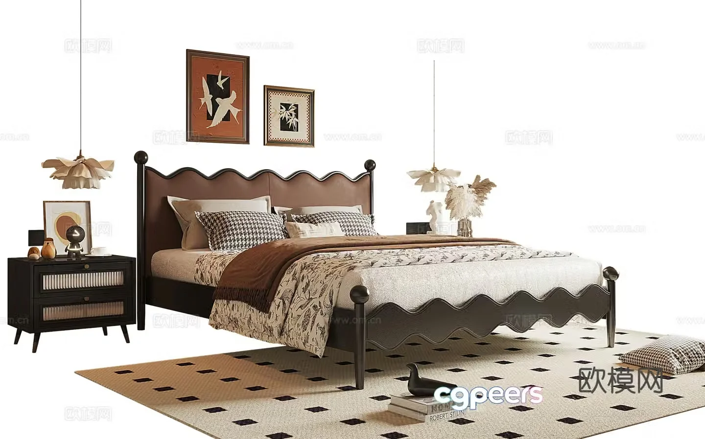French medieval style double bed 3D model