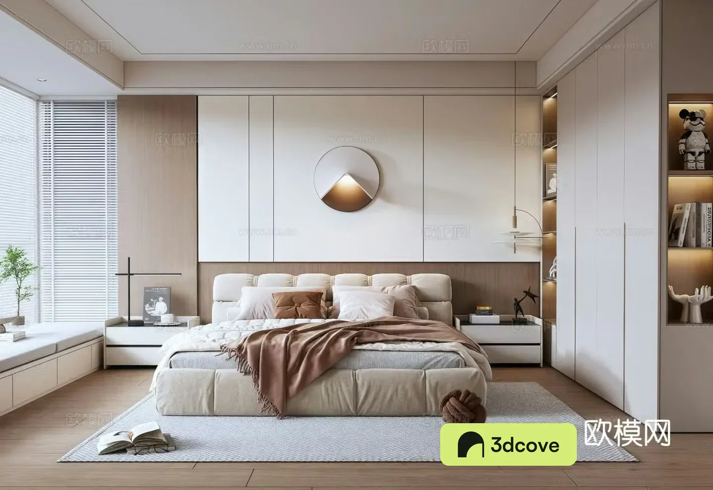 Minimalist Italian bedroom wardrobe double bed leather bed background wall bay window bedroom bedside table bed