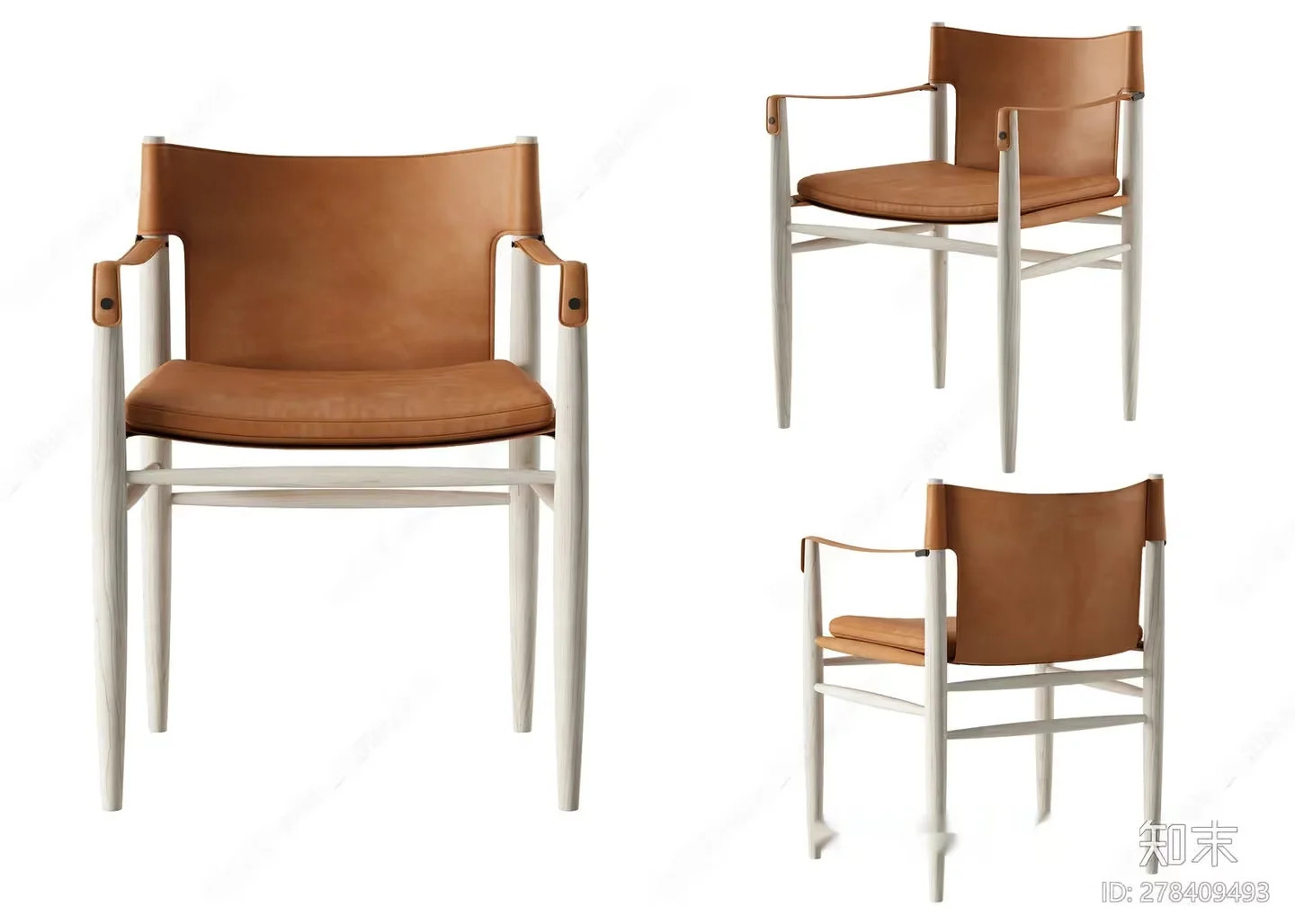 White Wooden Chair With Brown Leather Seat 3D Model – 10984 – VRAY Render