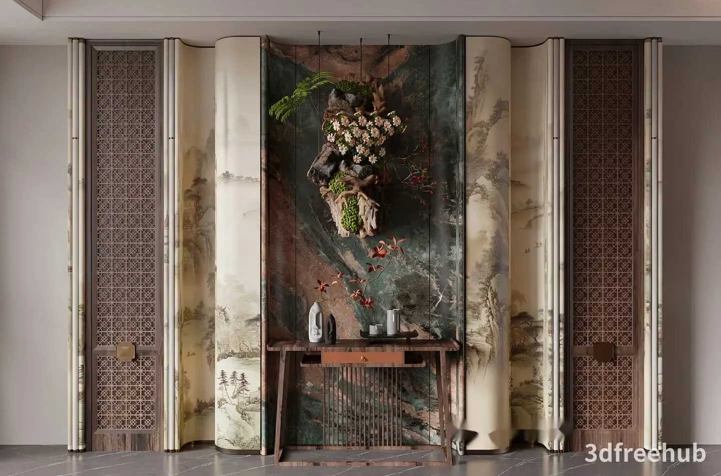 A Large Room Divider With A Painting Of A Deer’S Head 3D Model – 23325 – VRAY Render