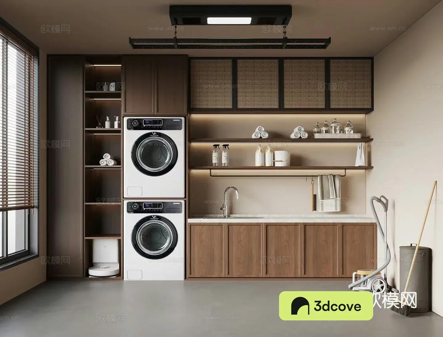 Laundry room medieval style washing machine cabinet clothes drying rack