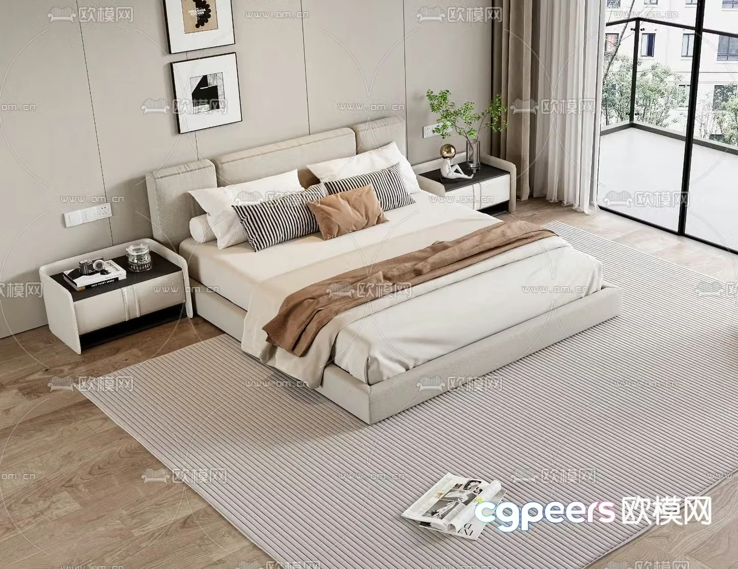 Cream style double bed 3d model