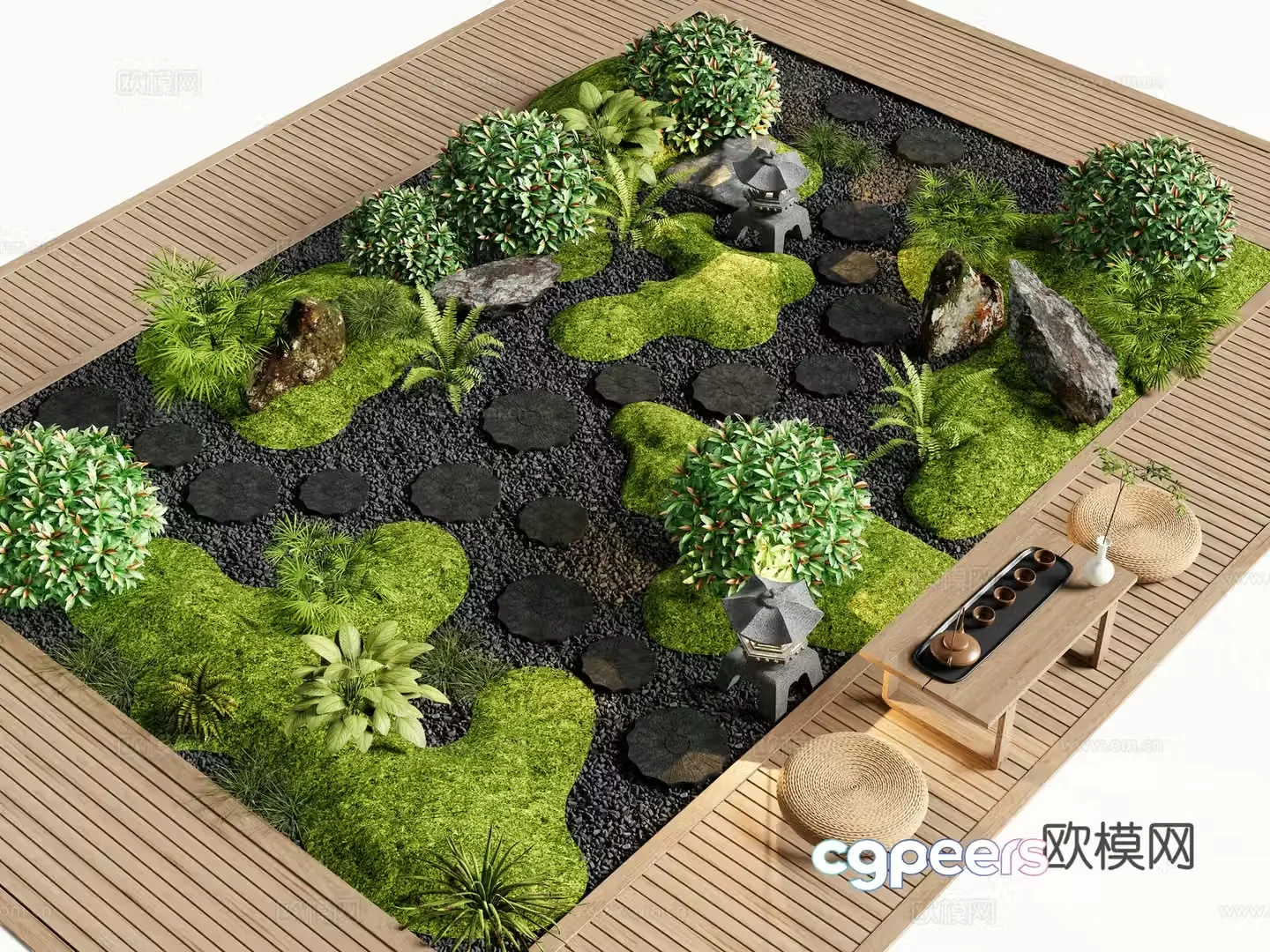 Japanese courtyard landscape sketch micro terrain garden paving 3D model