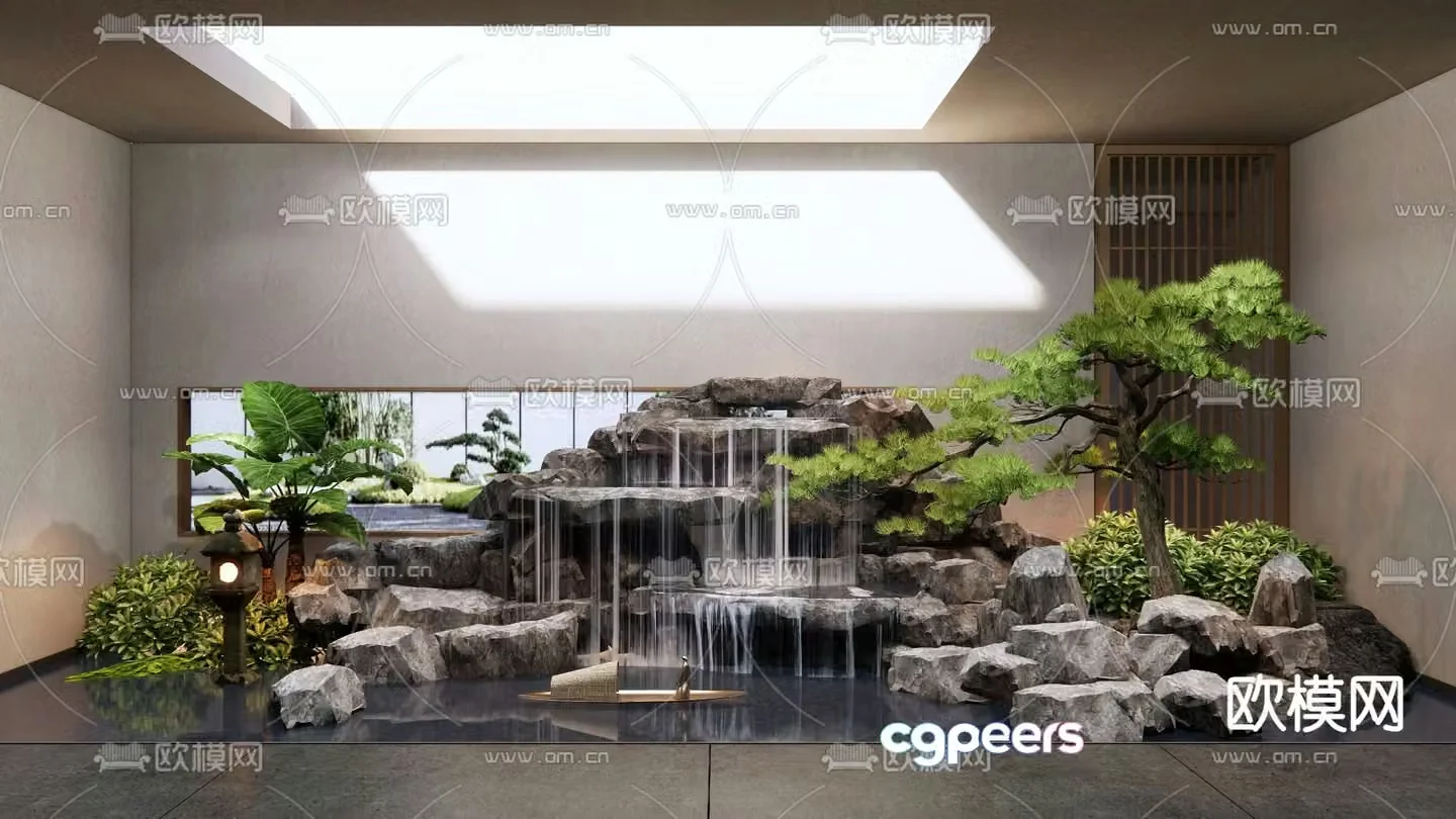 Rockery waterscape stone stacking plant landscaping 3D model