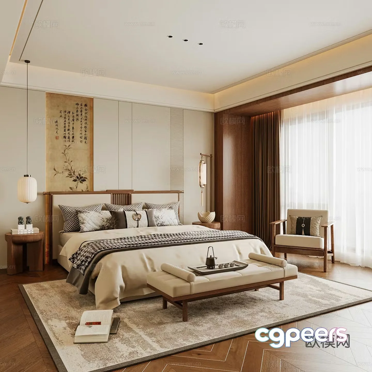 New Chinese style home bedroom Song family aesthetic bedroom Song style bedroom New Chinese style double bed 3D model