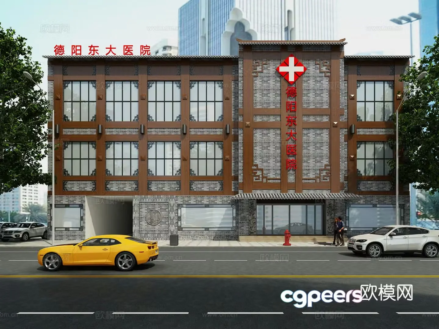Chinese style hospital appearance hospital door 3d model