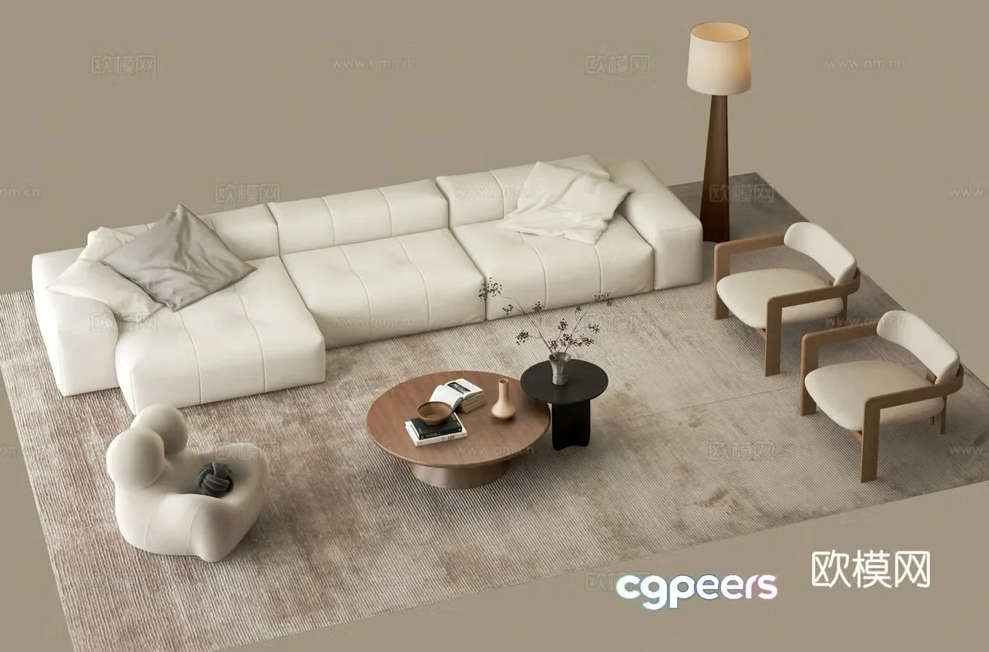 Cream style combination sofa lazy sofa floor lamp 3d model