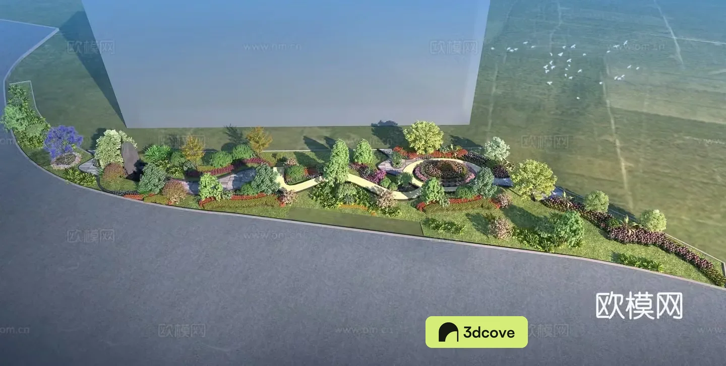 Modern linear park pocket park street corner green space park 3d model