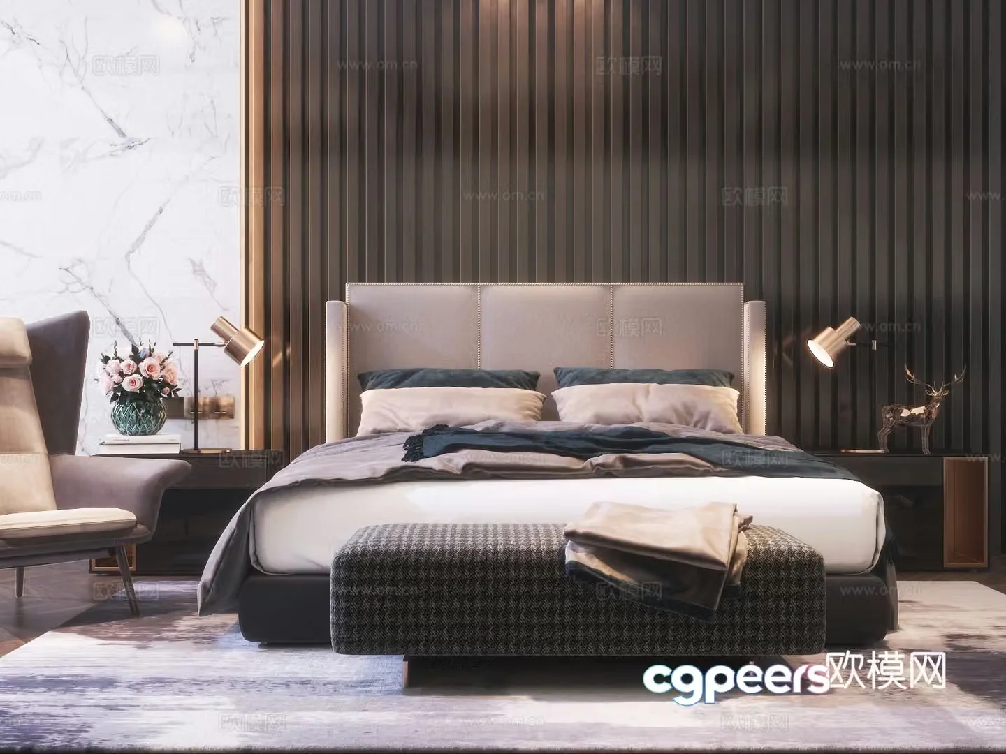 Modern bedroom Double bed nightstand vase 3d model