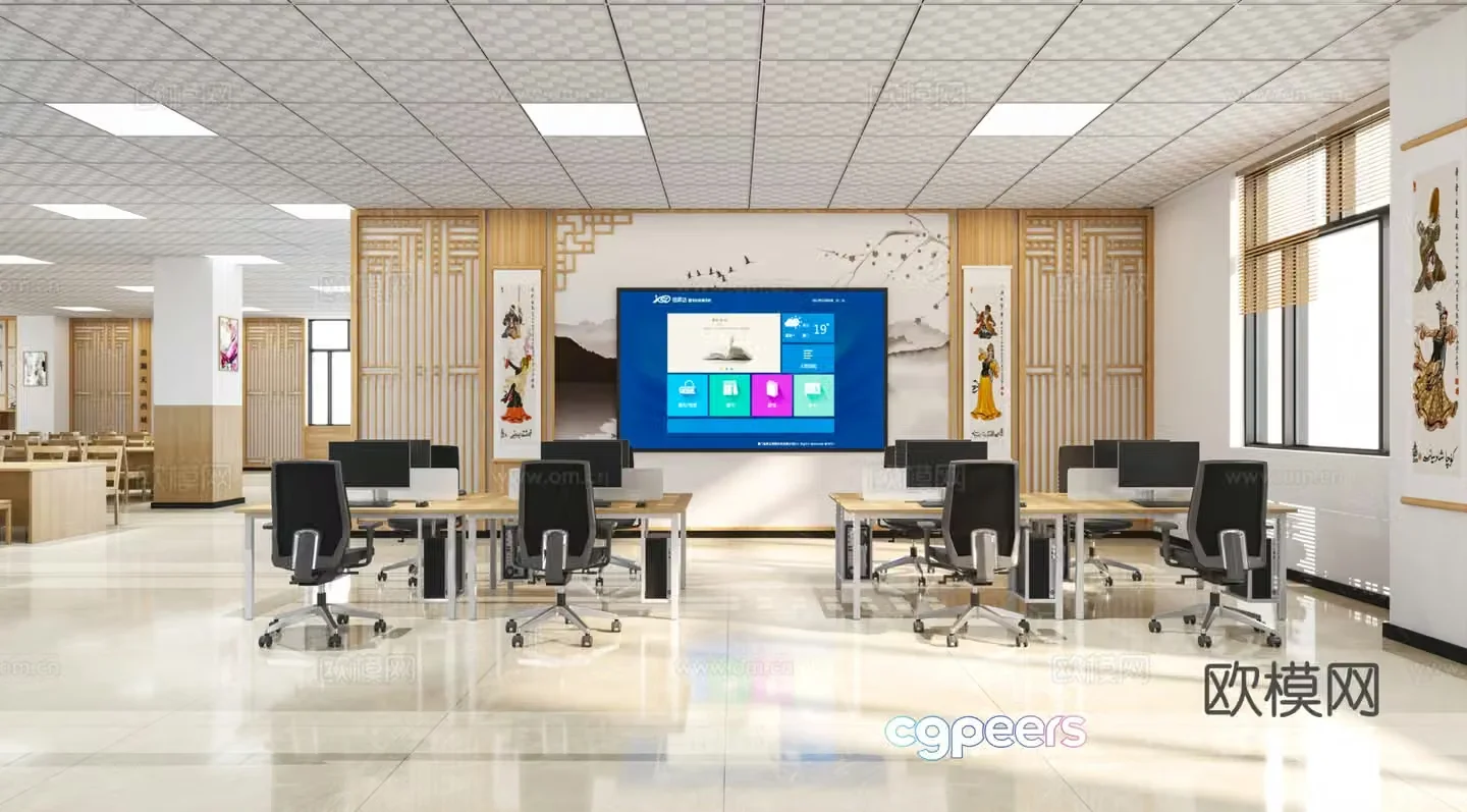 New Chinese-style reading room reading area library 3D model