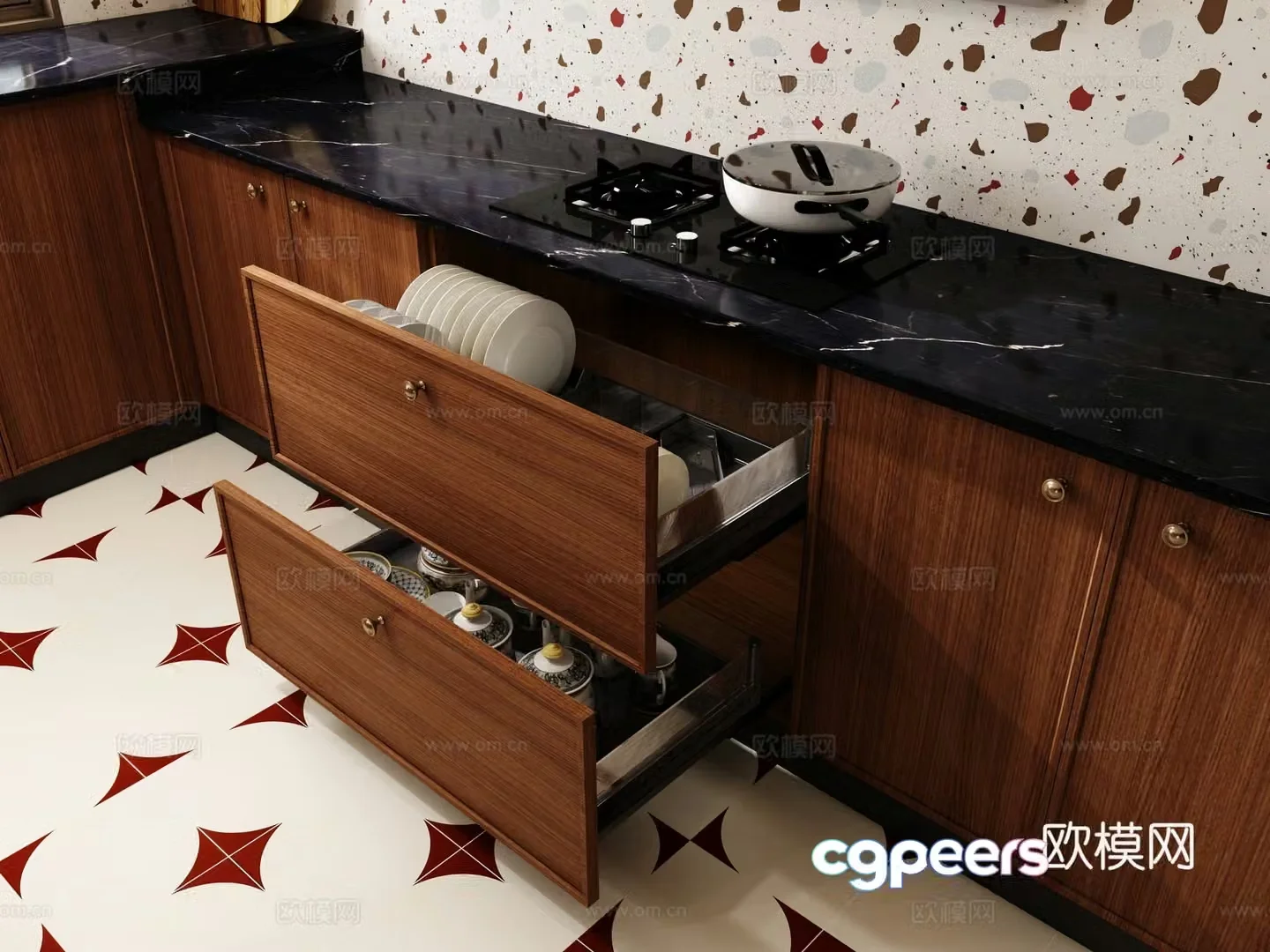 Medieval style kitchen drawer storage cabinet 3d model