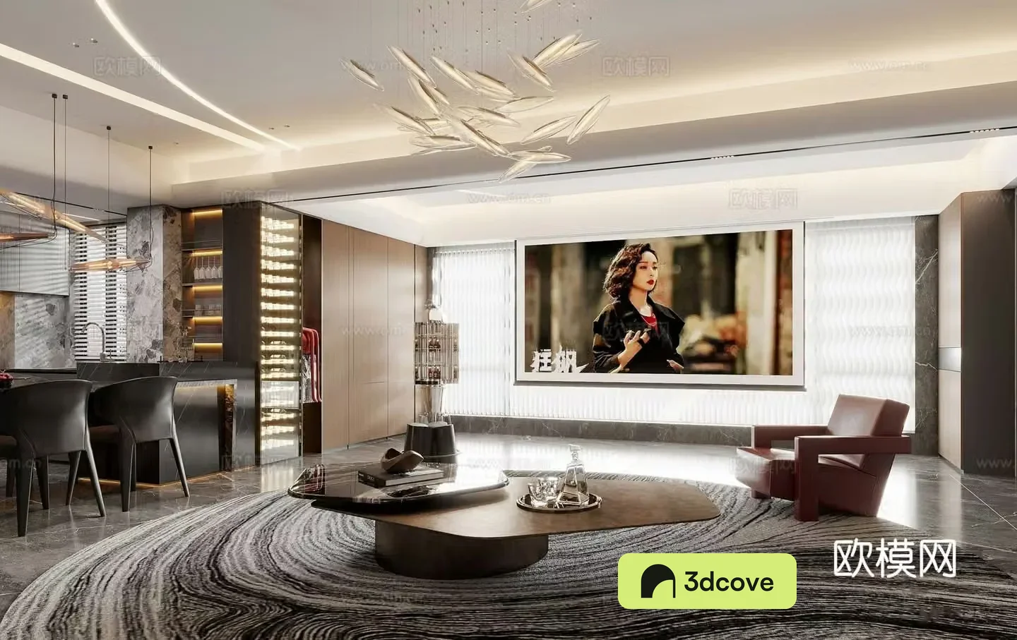 Modern living and dining room sofa and coffee table combination Zhongdao Island dining table and chair combination projection TV wine cabinet