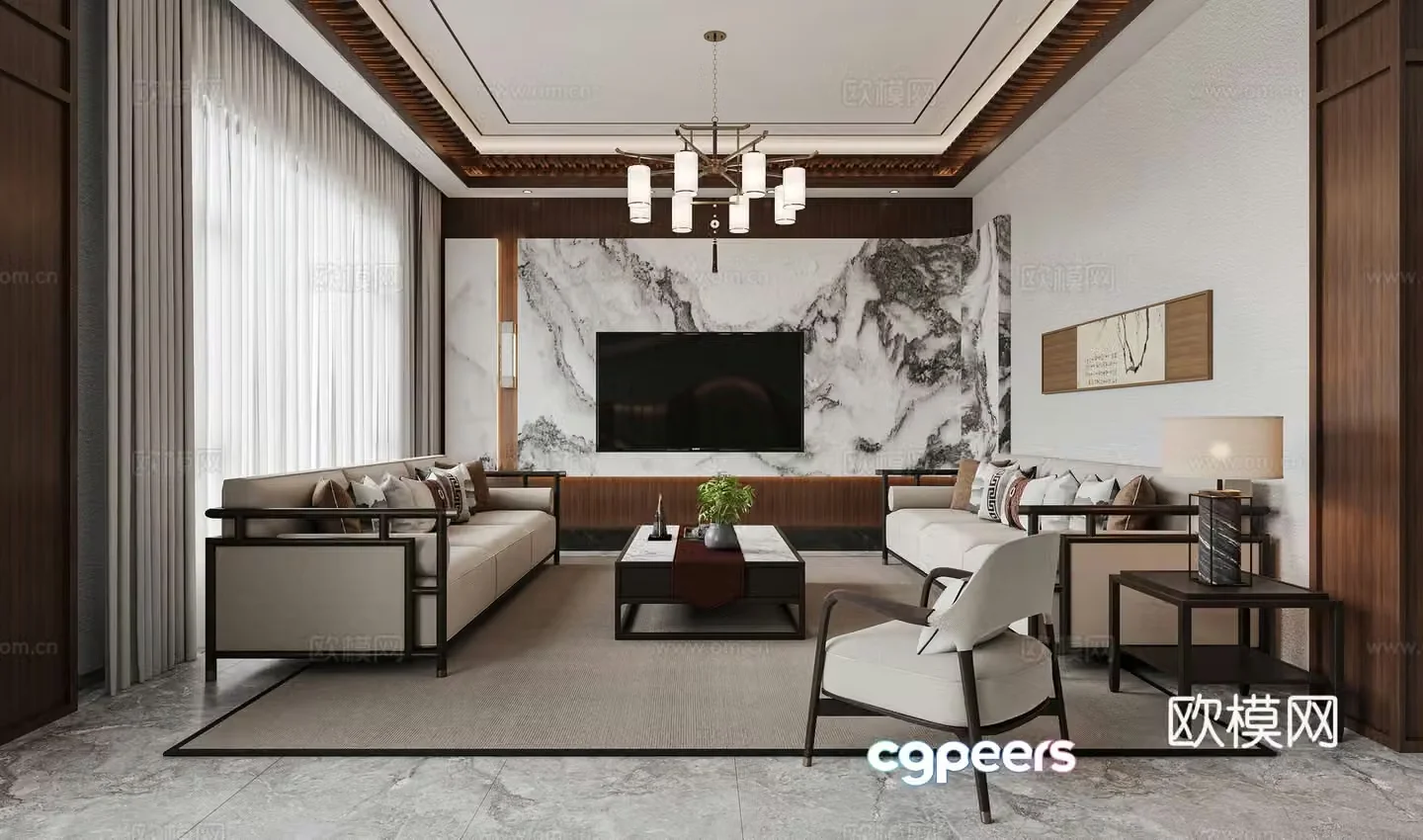 New Chinese style living room TV background wall Combination sofa Leisure chair New Chinese style living room chandeliers 3D model