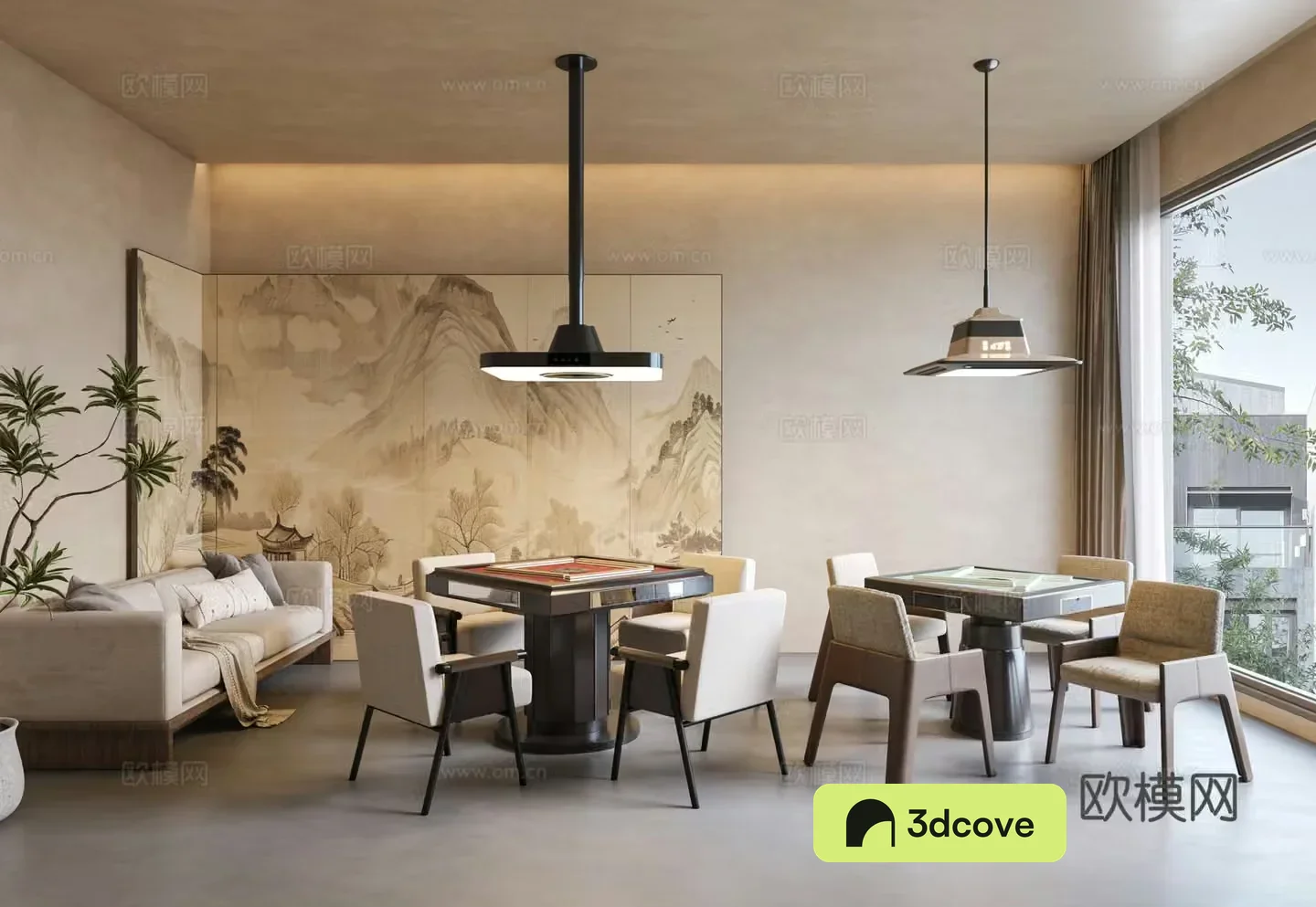 Modern chess and card room Mahjong room Entertainment room Mahjong table and chairs Smoking lamp Decorative screen Double