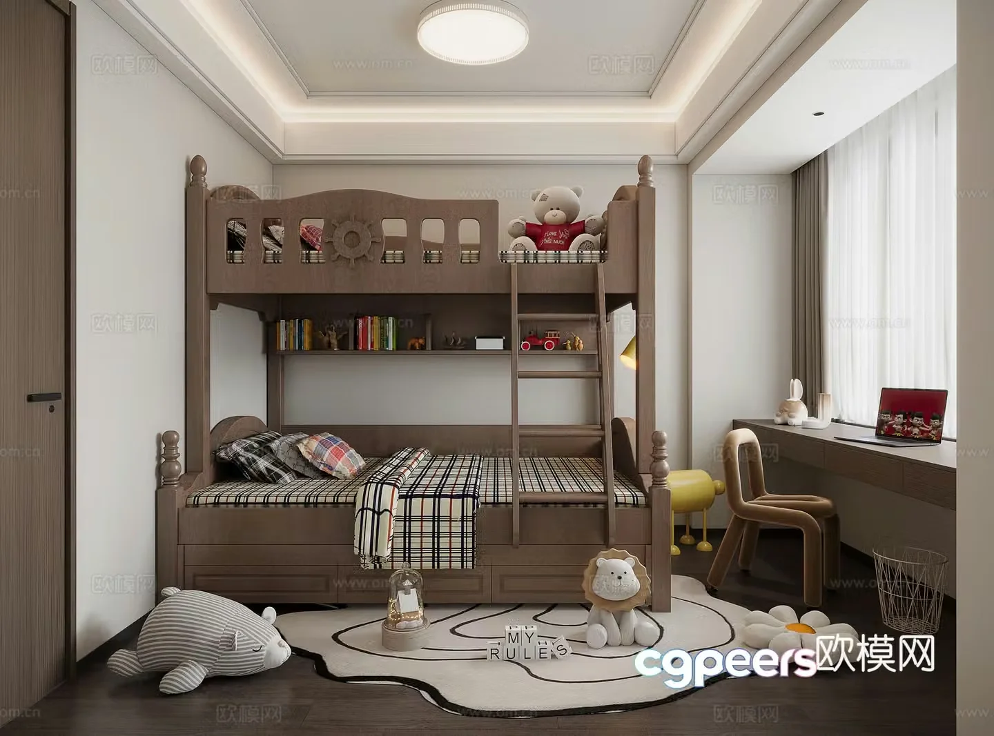 Modern universal children’s room solid wood bunk bed 3D model