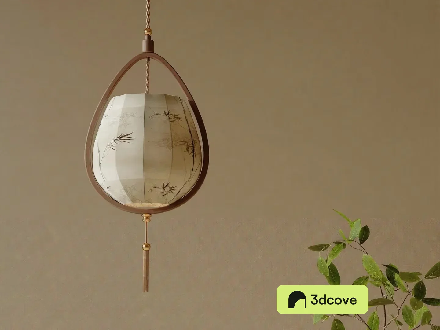 A Hanging Light Fixture With A Brown Frame And A White Shade