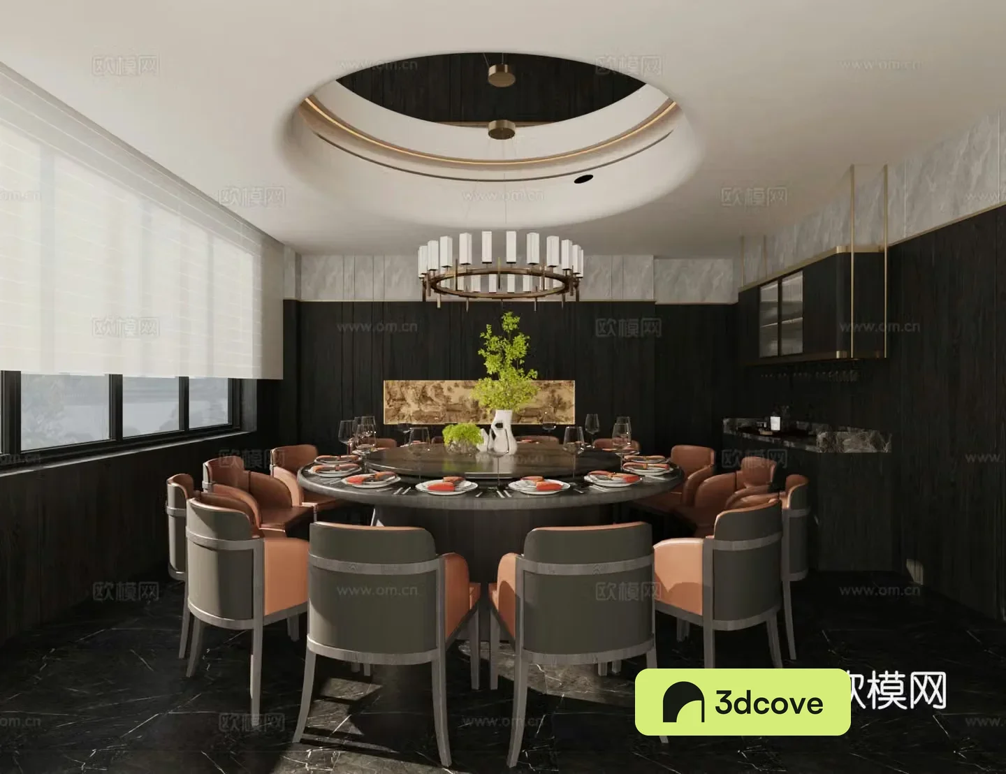 New Chinese-style private room New Chinese-style restaurant private room Dining table and chair combination Chandelier