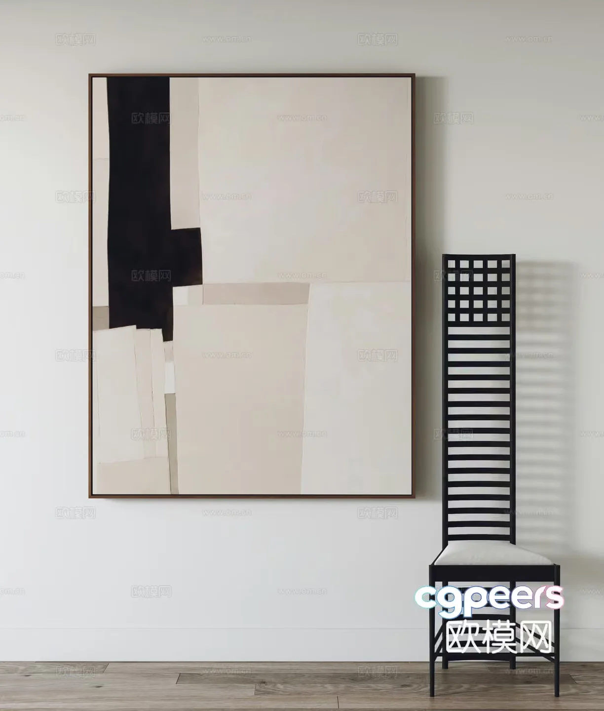 A Black And White Abstract Painting With A Tall Chair 3D Model – 8585 – VRAY Render