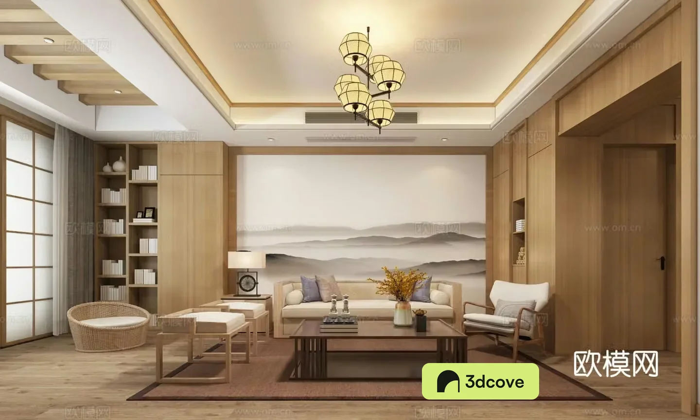 Zen Japanese style living room chandeliers desk lamp multi-person sofa single sofa coffee table