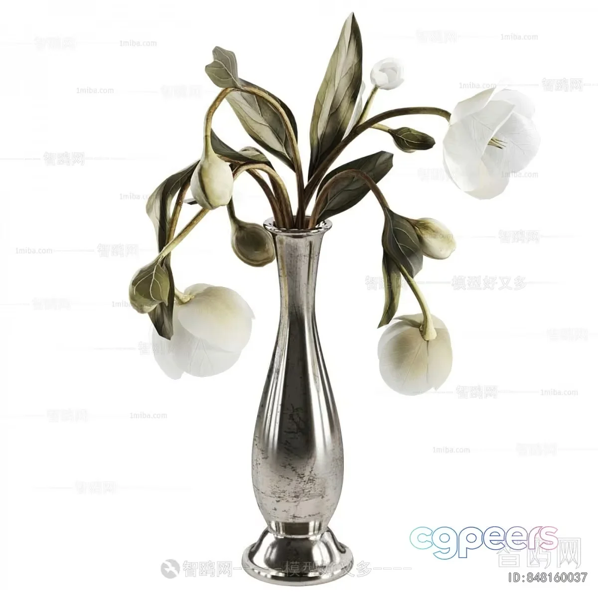 A Silver Vase With White Flowers 3D Model – 4517 – CORONA Render