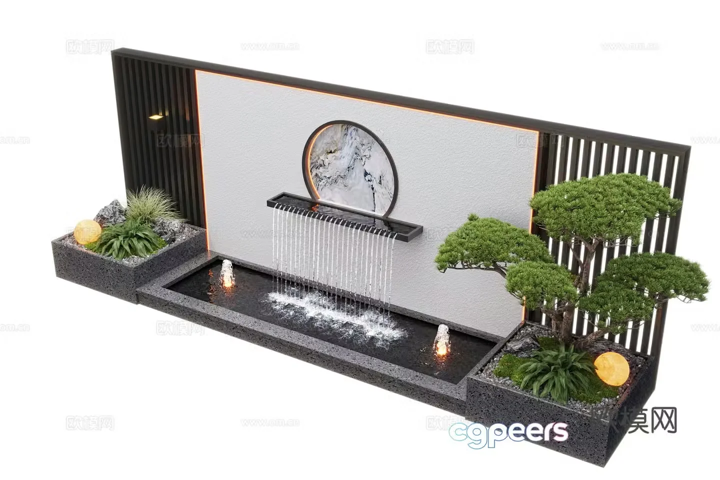 New Chinese style courtyard water view wall landscape wall flowing water fish pond 3d model