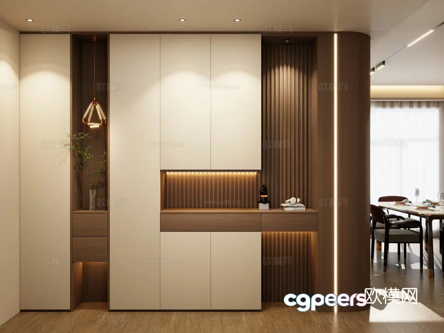 Middle-aged light luxury style end view cabinet grille board arc shape entrance entrance 3D model