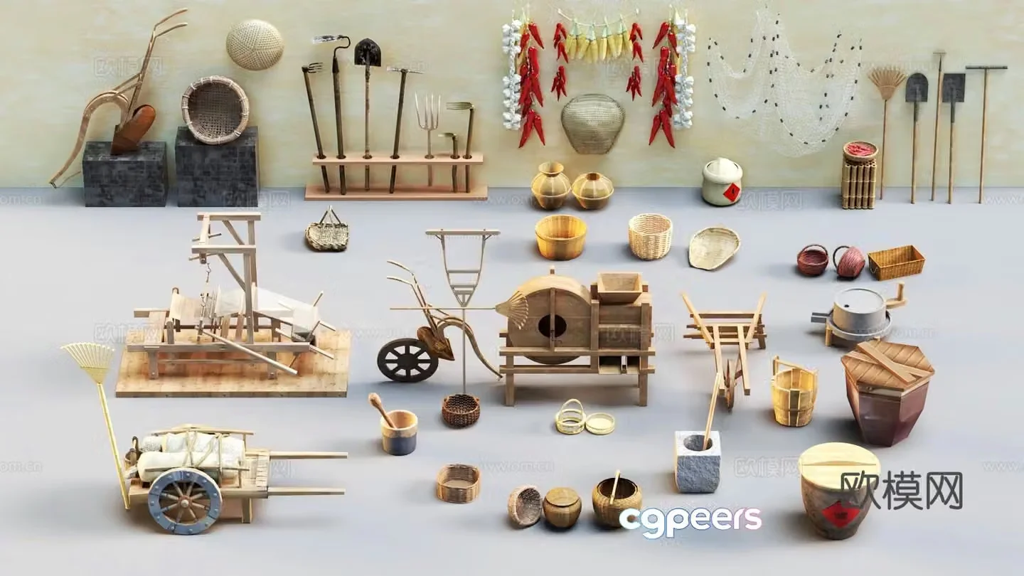 Farm tools combination folk sketch 3d model