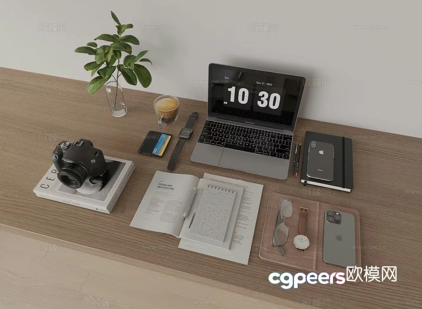 Modern desk decorations accessories books notebook 3d model