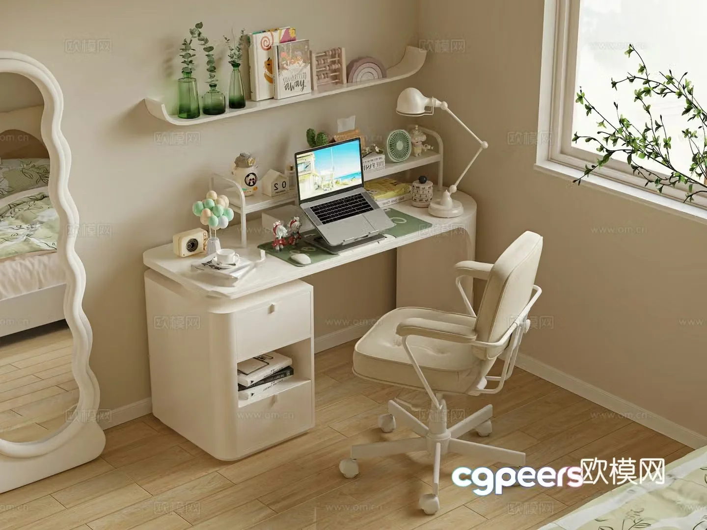 Cream desk and chair desk and chair study desk and chair desk and chair computer desk and chair 3d model