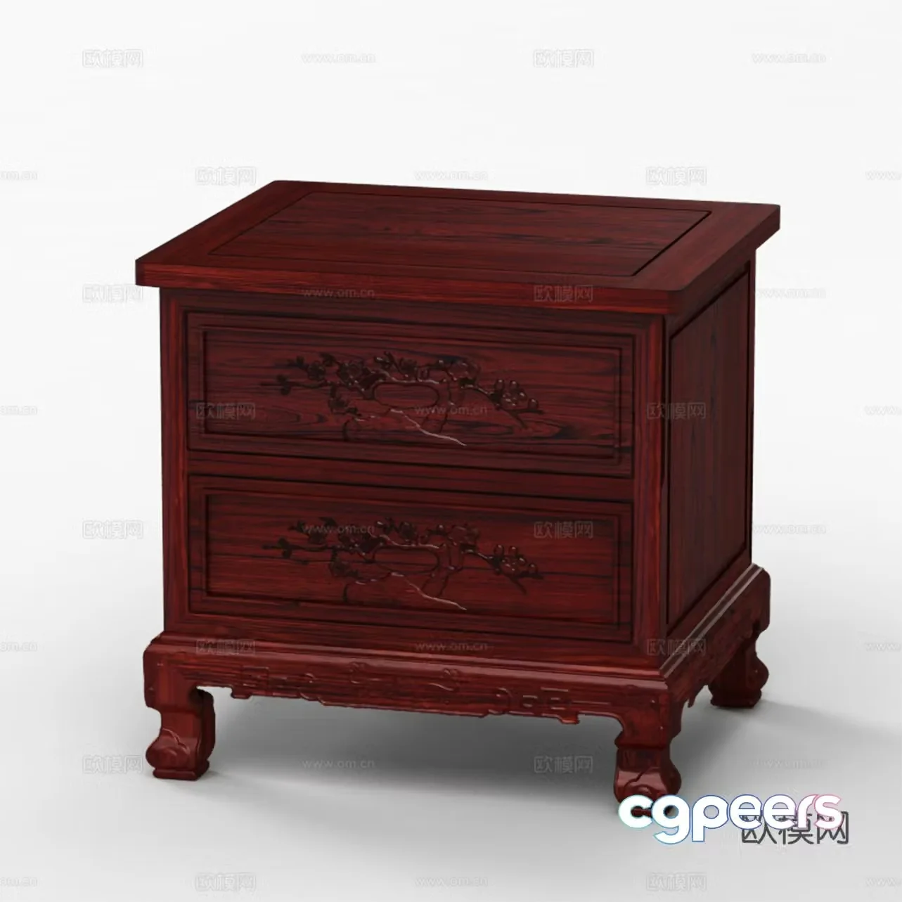 Chinese style bedside table carved cabinet door solid wood mahogany 3D model