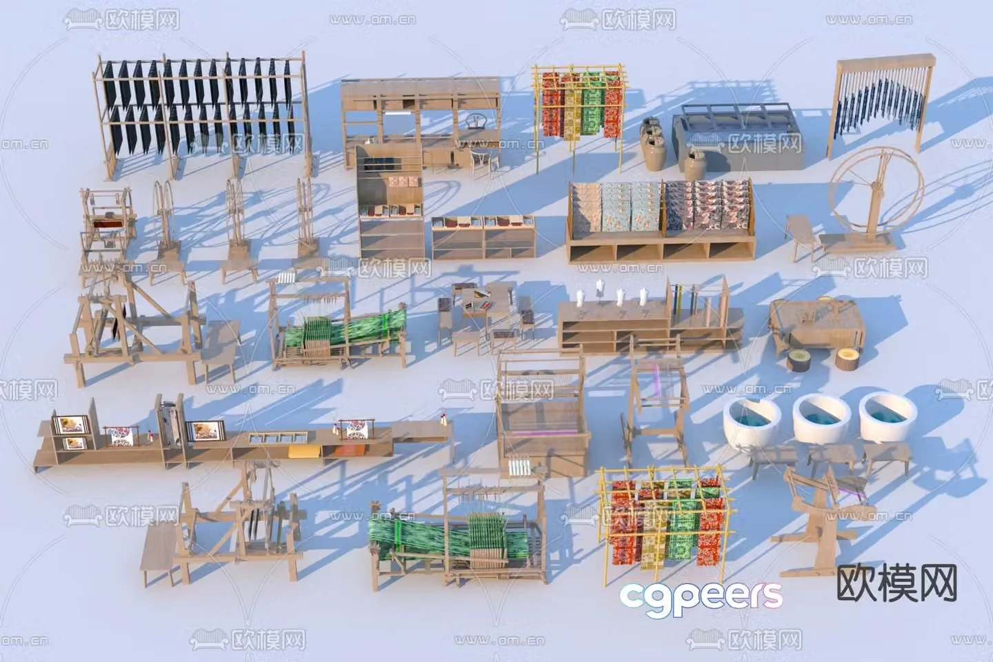 Chinese loom dyeing workshop dye vat cloth drying rack 3D model