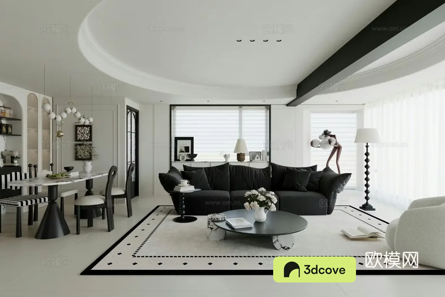 Modern light French large flat dining room without owner light dome medieval style chest of drawers