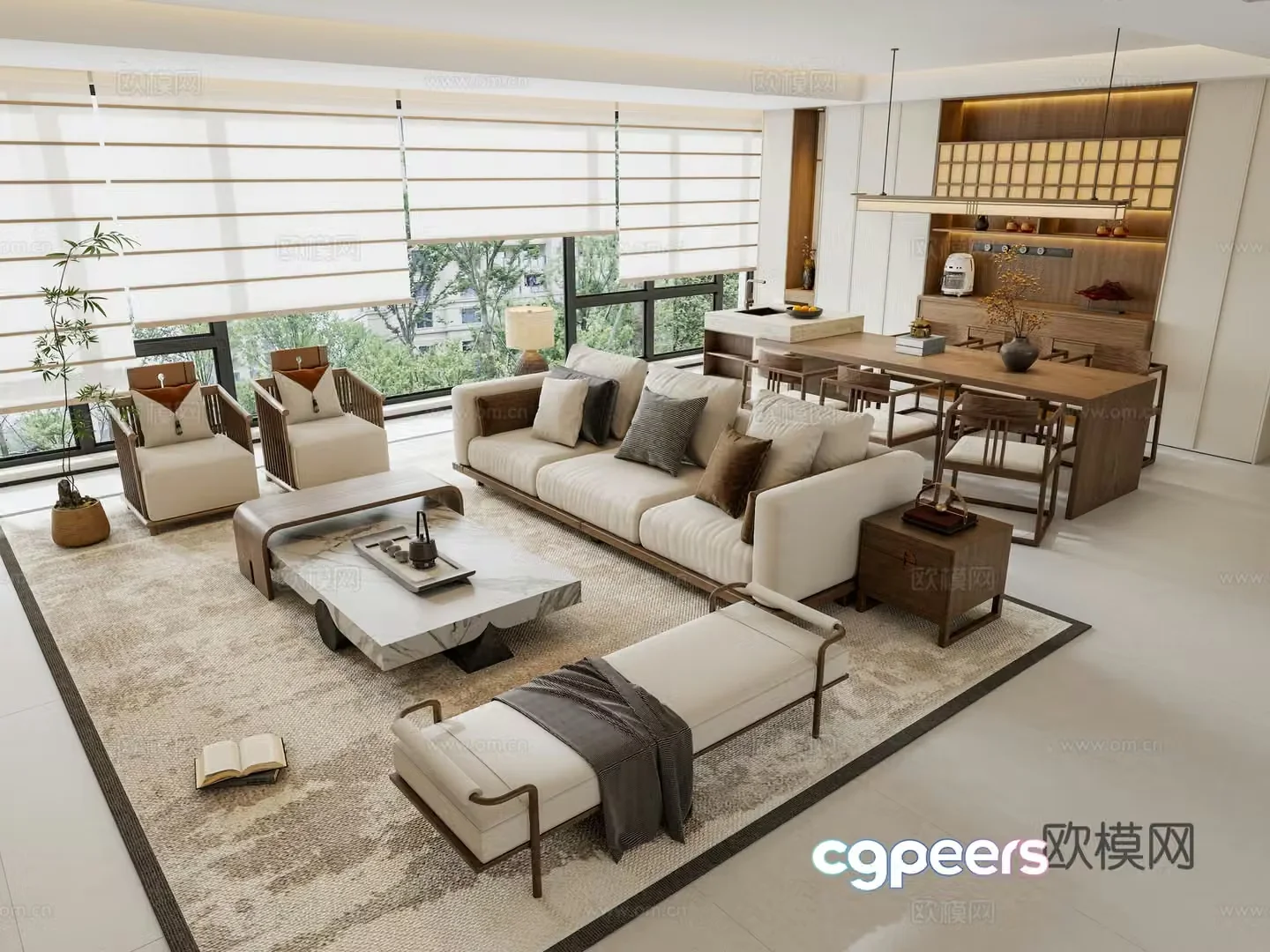 Zen New Chinese Style Living Restaurant Unowned Lights Overlooking the Hall Fabric Sofa Coffee Table Combination Island Dining Table 3D Model