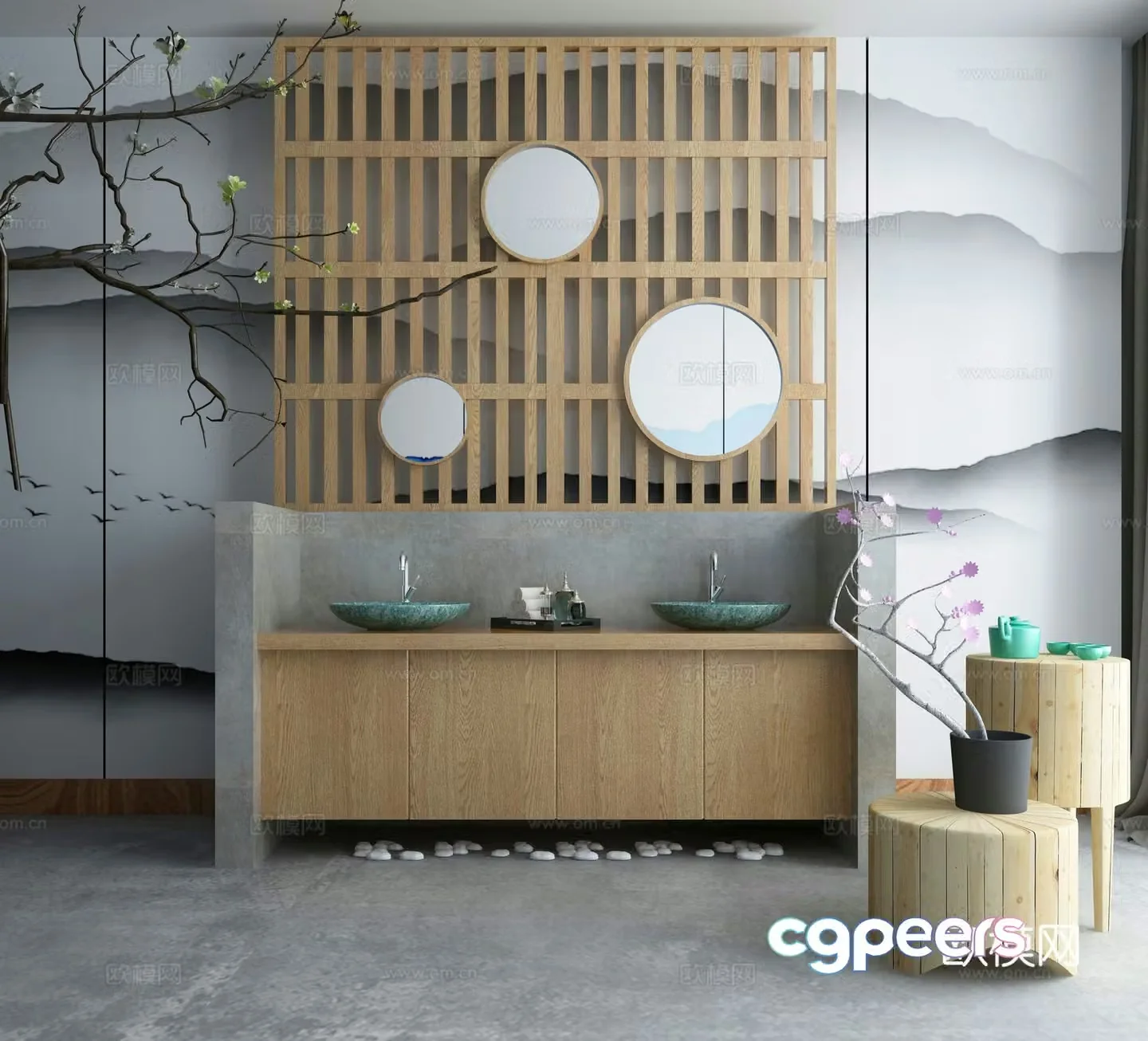 New Chinese style room women’s bathroom washbasin cabinet combination bathroom partition old wood coffee table 3D model