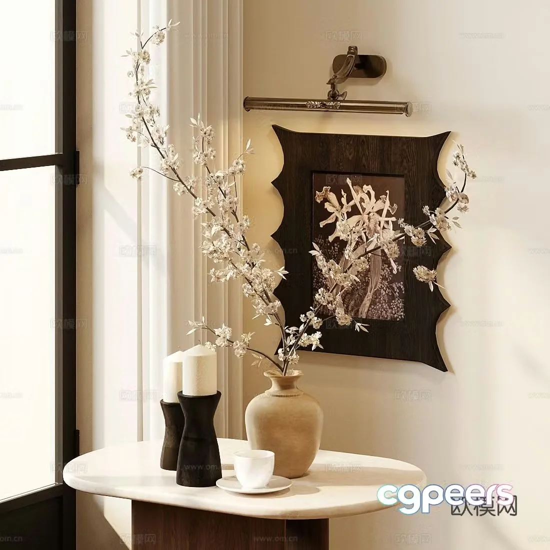 New Chinese style flower art interior landscape flower art ceramic flower pot living room dining table vase ornament stem and branch flower 3D model