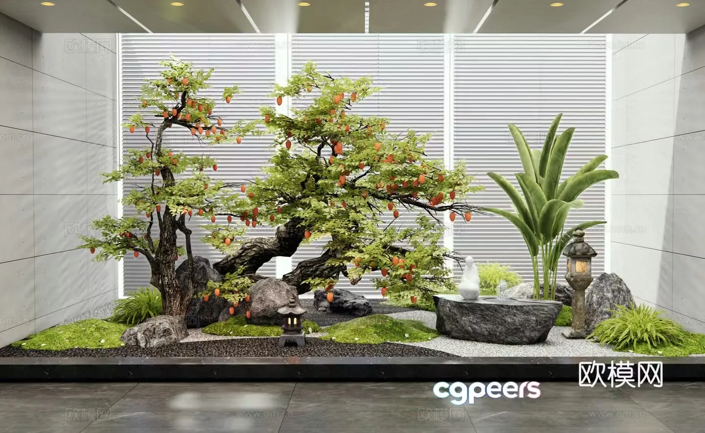 New Chinese style interior landscape courtyard sketch persimmon tree landscape tree old pile fruit tree 3d model