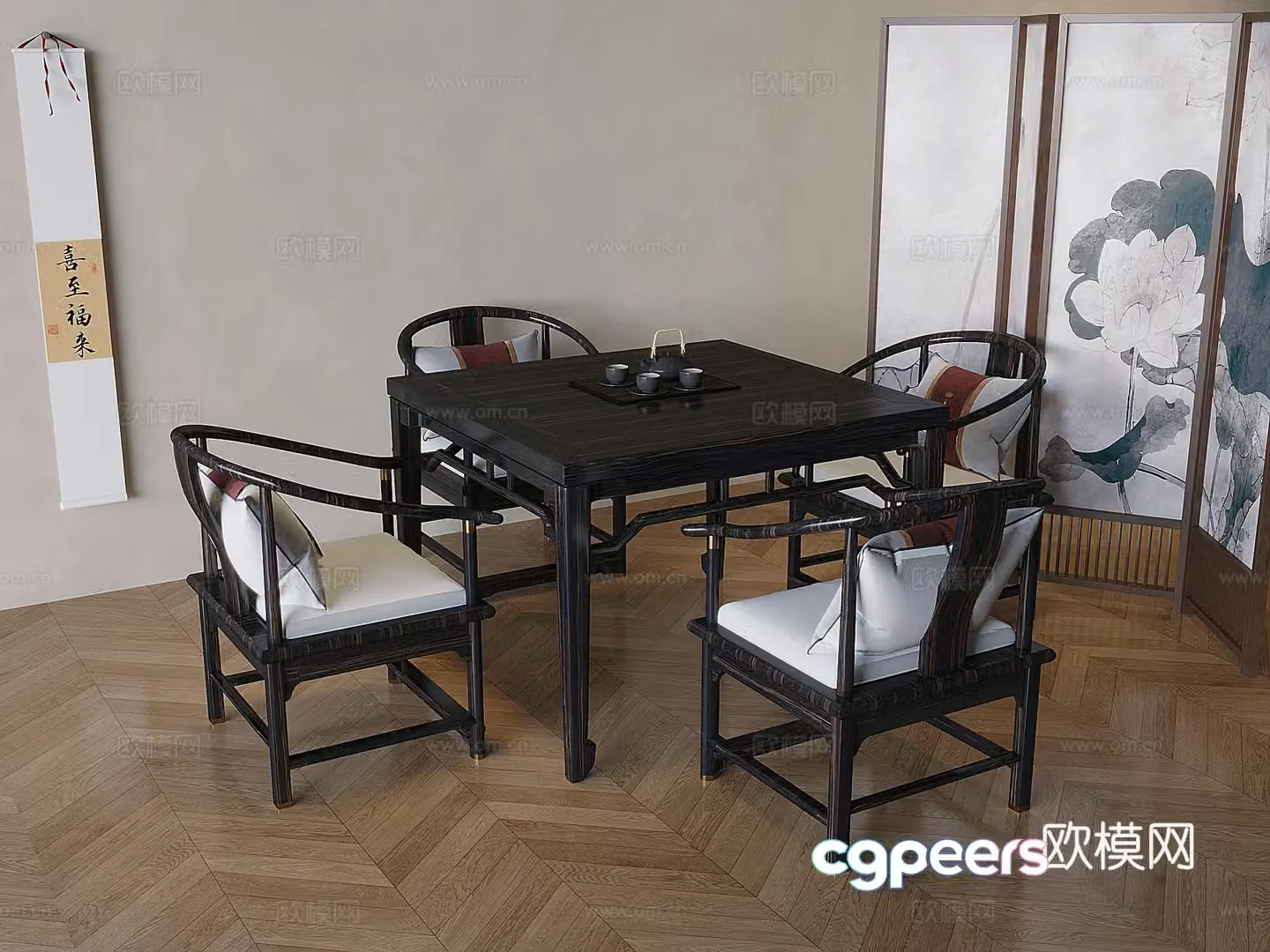 Wasabi style solid wood dining table and chairs medieval style black square table teahouse chess and card room table and chairs eight immortals table partition 3D model